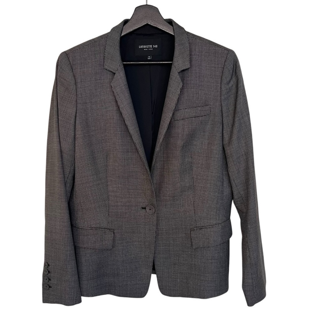Lafayette 148 Virgin Wool One Button Blazer Black White Microdot Print US 12